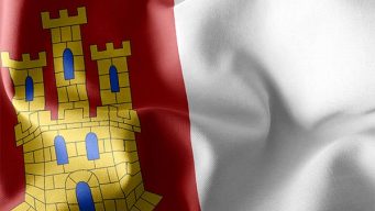 3D illustration flag of Castilla–La Mancha is a region of Spain. Waving on the wind flag textile background